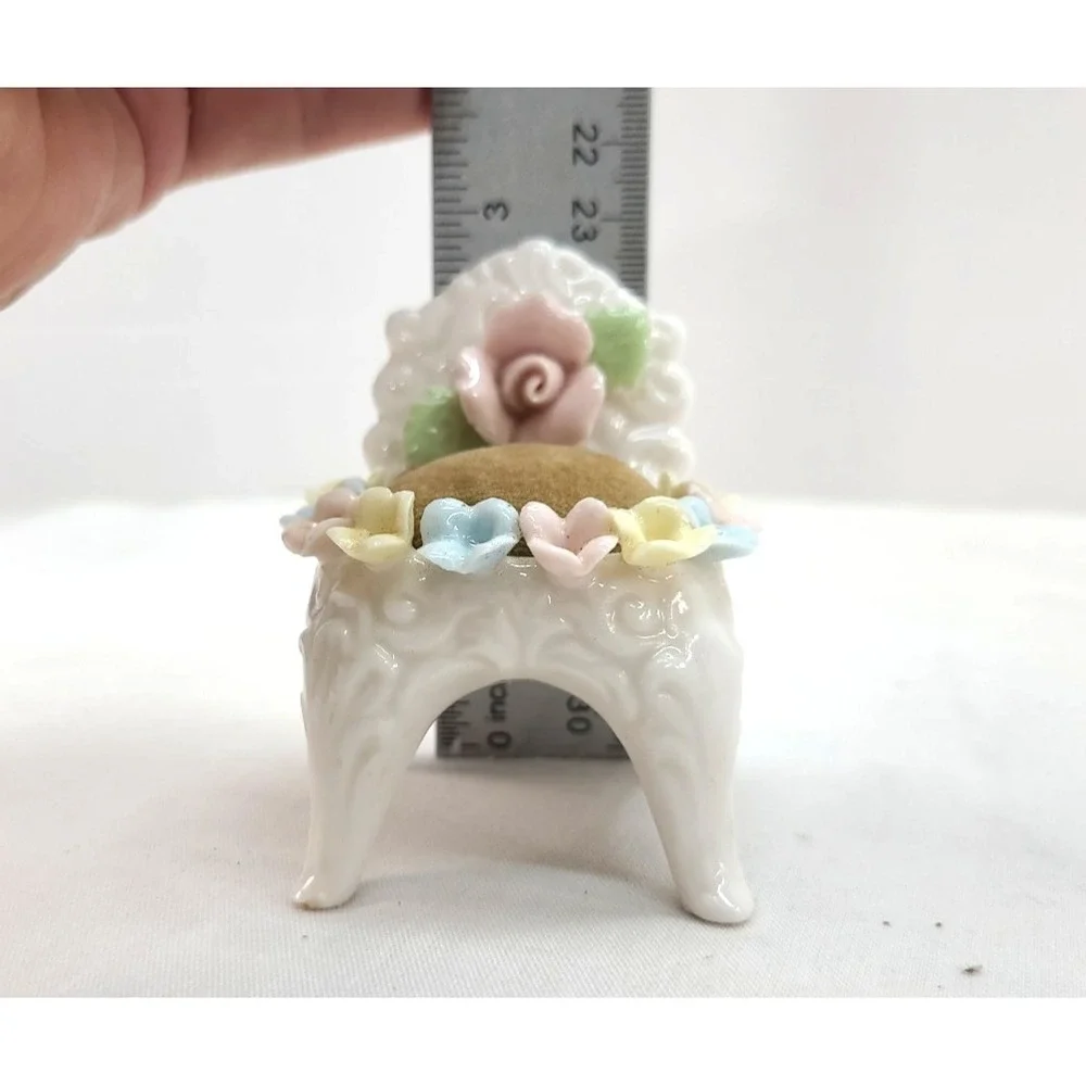 Pin Cushion Ardalt White Porcelain Chair Multi Colored Flowers Japan Vintage